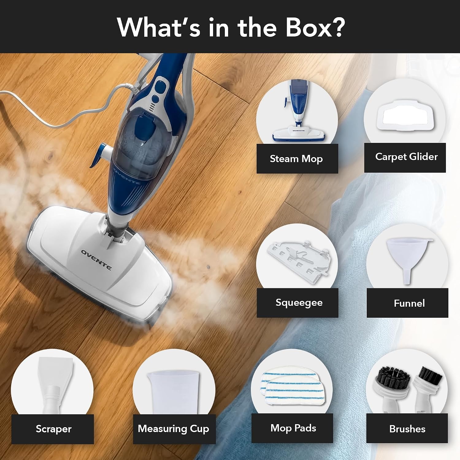 image:imageOVENTE 10in1 Steam Mop 1500W 400ml Removable Water Tank Blue ST505BL